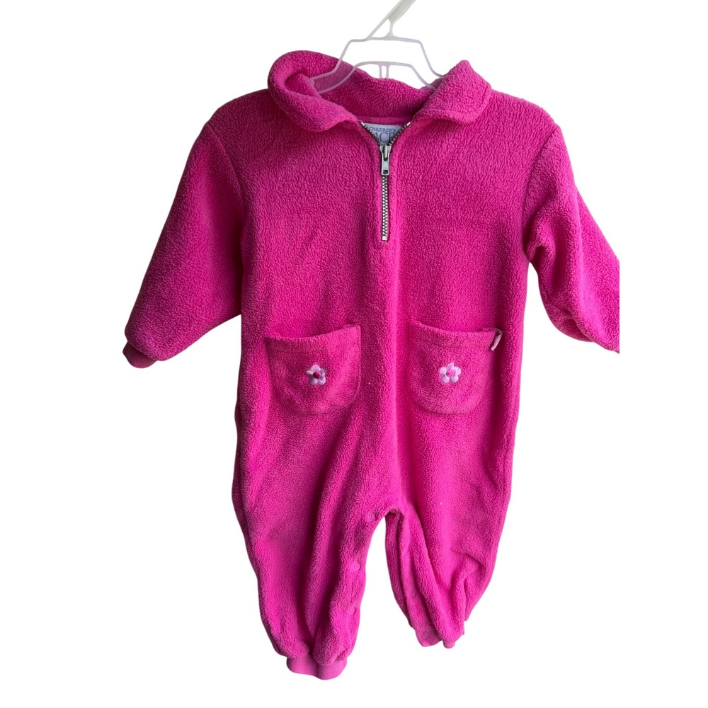 Vintage Childrens Place Tech Fleece Coverall Hot Pink Flower Zip Jumpsuit 12M